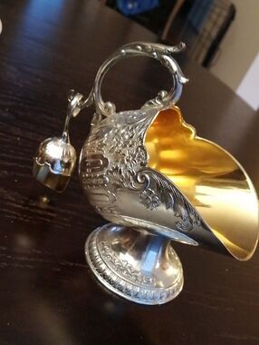 Vintage Collectable Floral Silver Gold Tones Sugar Scuttle Bowl And Mini Scoop